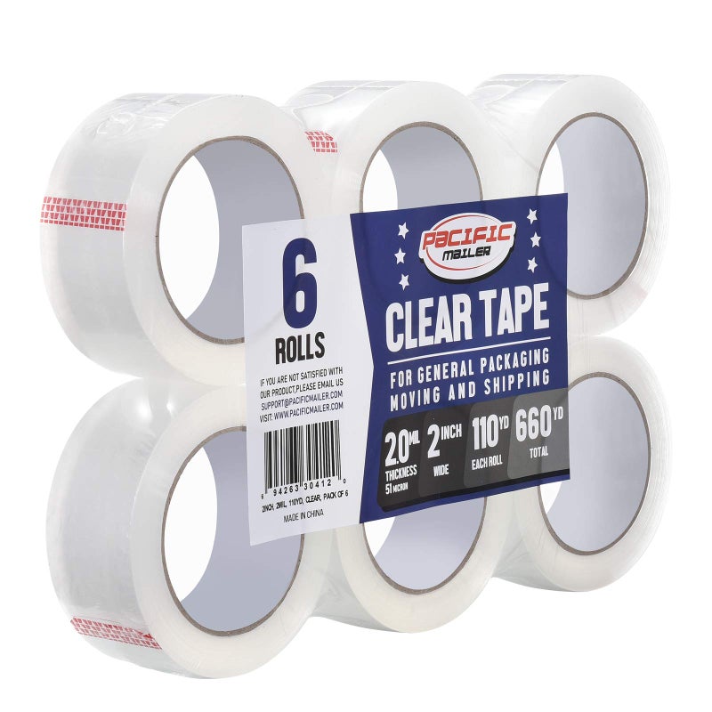 Pacific Mailer Clear Packing Tape, 2 Inch Wide, 2.0mil Thickness, 110 Yard Per Roll [Pack of 6 Rolls] - Image 1